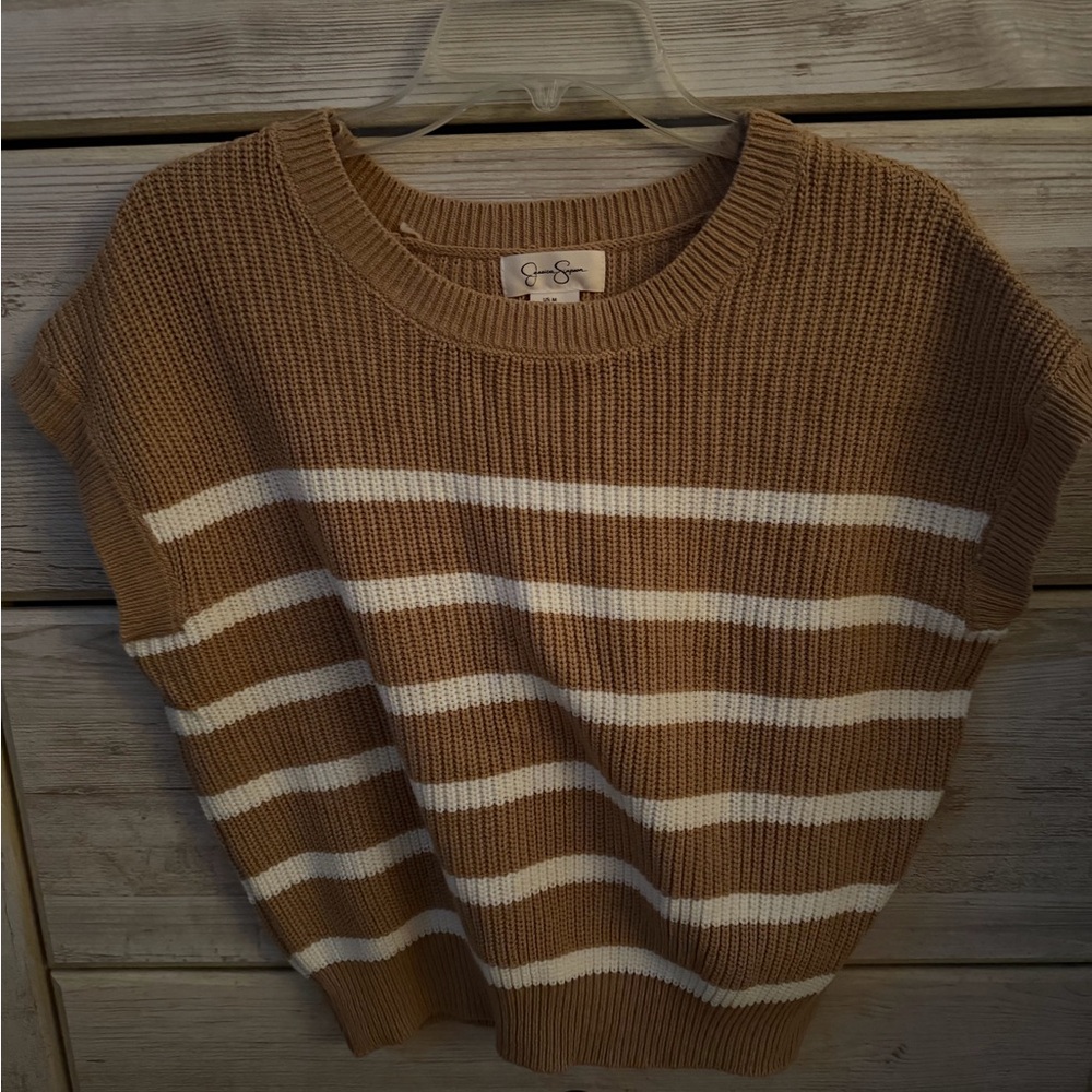 Jessica Simpson Striped Knit Sweater Tank - Camel & White